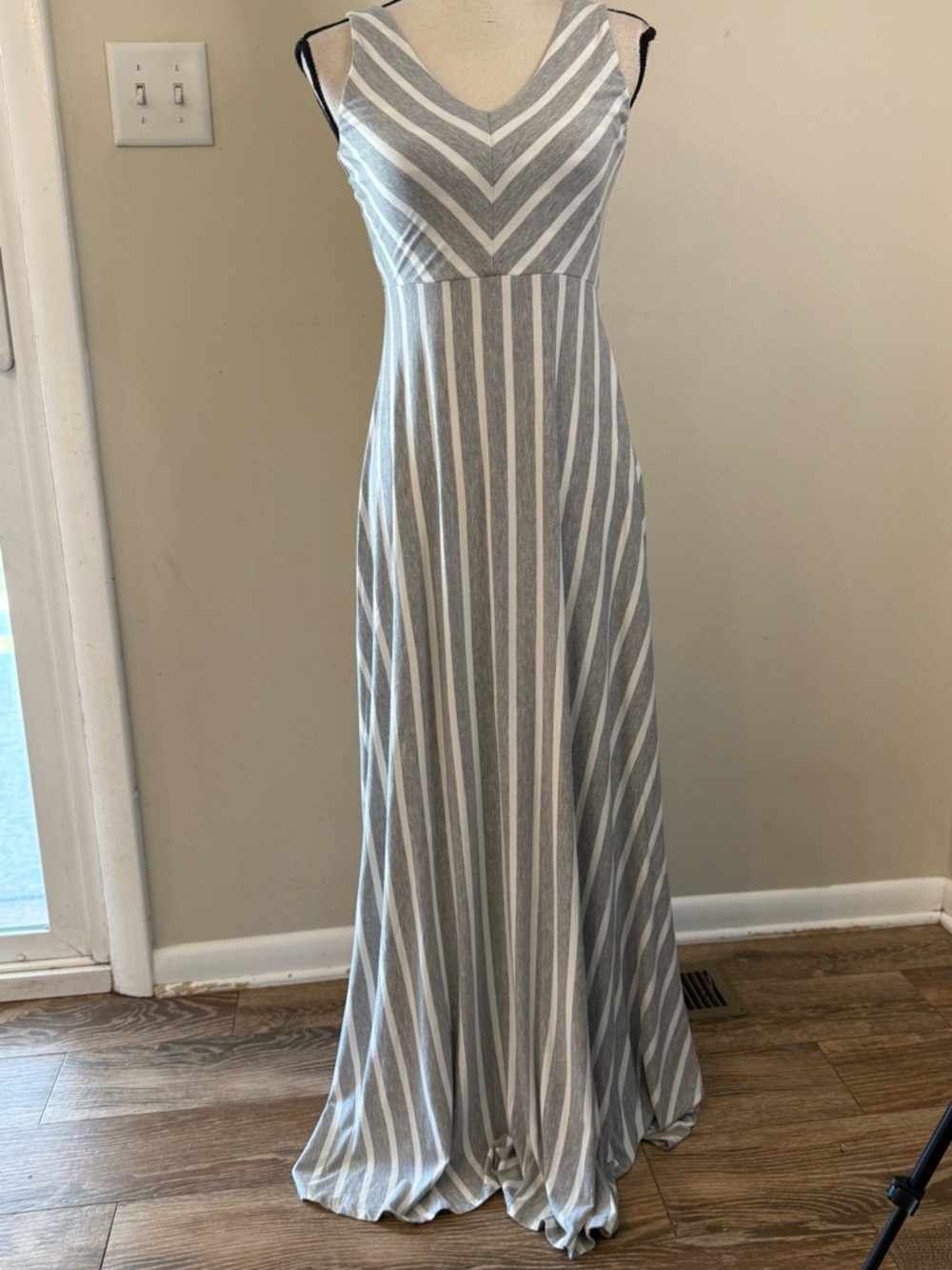 Athleta Gray and White Striped Maxi Dress